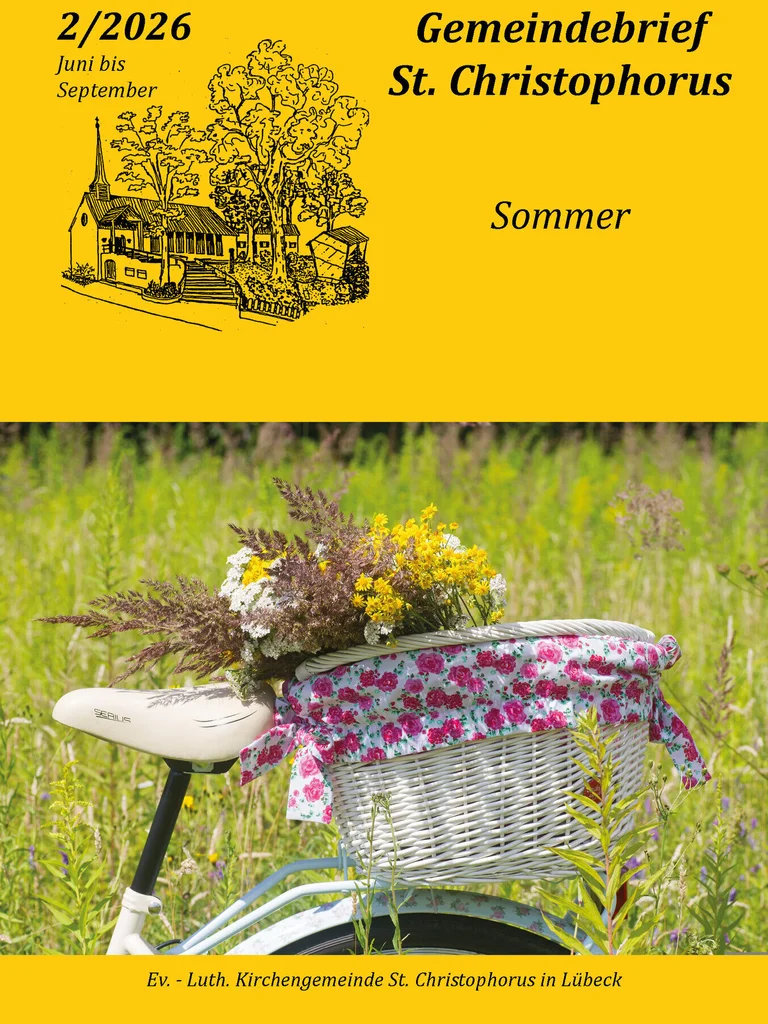 Titelseite des Gemeindebief St. Christophorus Nr. 2, 2026. Ein Fahrradkorb auf einem Fahrrad mit Sommer Blumen und Gräsern